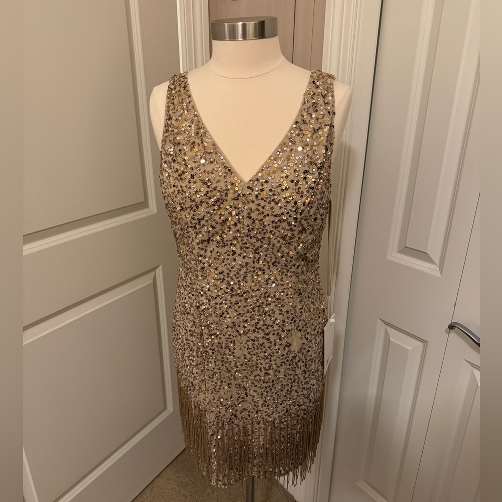 MAC DUGGAL Gold Sequin Fringe Dress